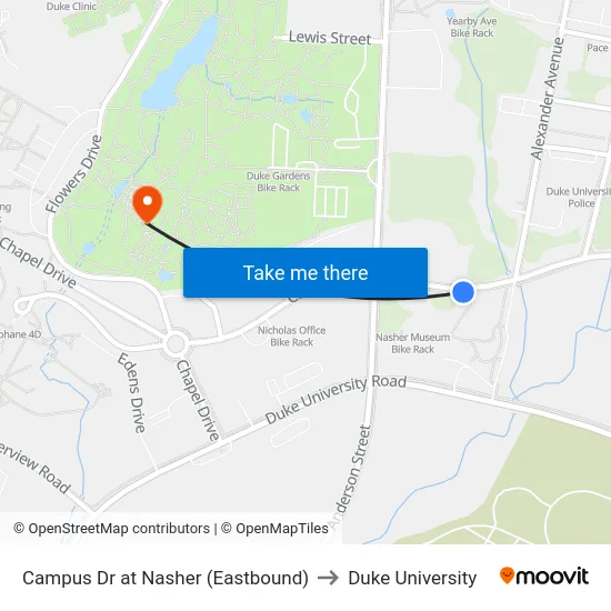 Campus Dr at Nasher (Eastbound) to Duke University map