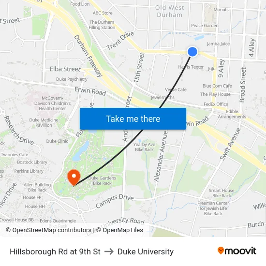 Hillsborough Rd at 9th St to Duke University map