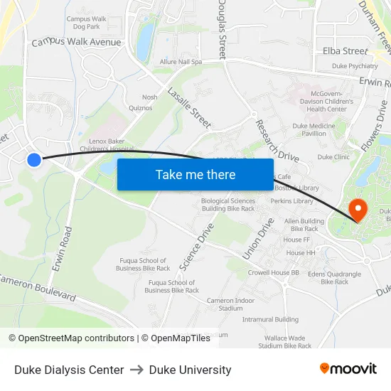 Duke Dialysis Center to Duke University map