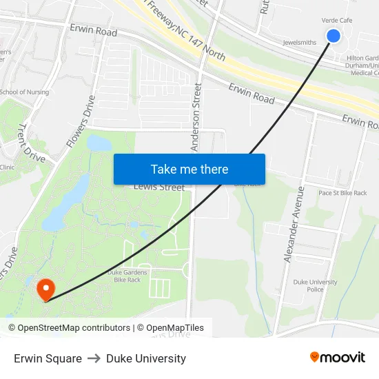 Erwin Square to Duke University map