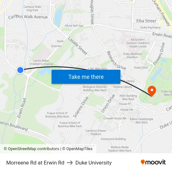 Morreene Rd at Erwin Rd to Duke University map