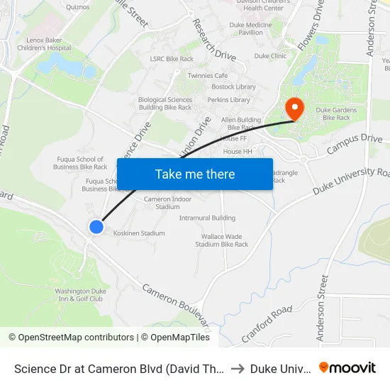 Science Dr at Cameron Blvd (David Thomas Center) to Duke University map