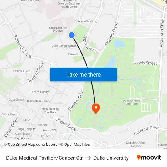 Duke Medical Pavilion/Cancer Ctr to Duke University map