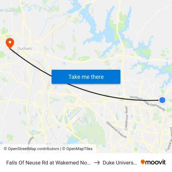Falls Of Neuse Rd at Wakemed North to Duke University map
