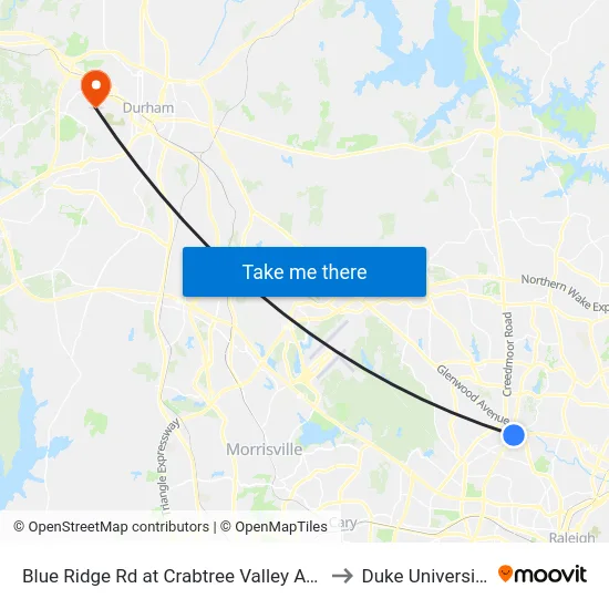 Blue Ridge Rd at Crabtree Valley Ave to Duke University map