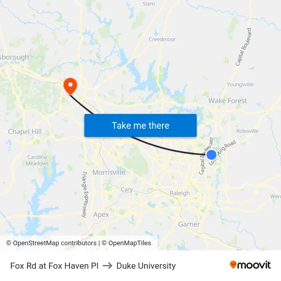 Fox Rd at Fox Haven Pl to Duke University map