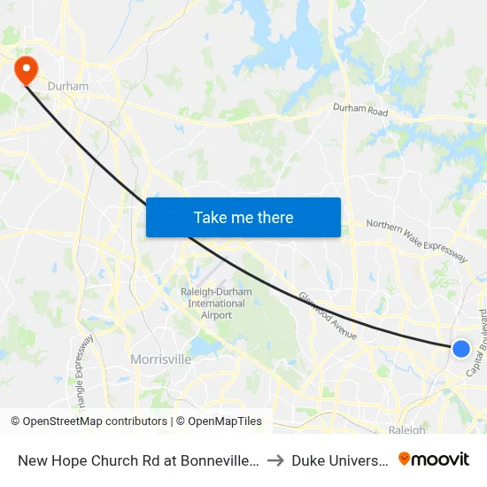 New Hope Church Rd at Bonneville Ct to Duke University map