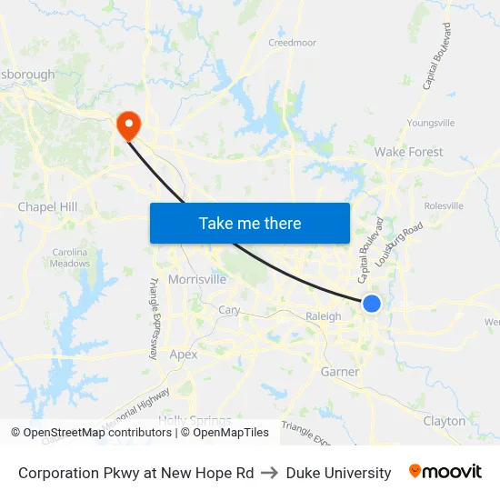Corporation Pkwy at New Hope Rd to Duke University map