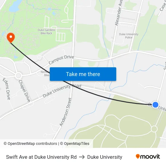Swift Ave at Duke University Rd to Duke University map