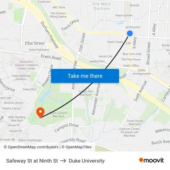 Safeway St at Ninth St to Duke University map