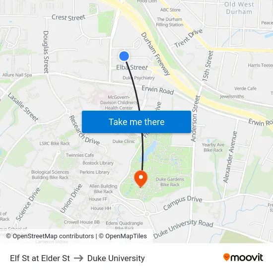 Elf St at Elder St to Duke University map
