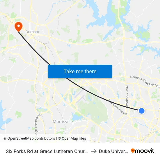 Six Forks Rd at Grace Lutheran Church (Sb) to Duke University map