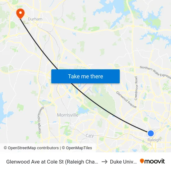 Glenwood Ave at Cole St (Raleigh Charter High Scho to Duke University map