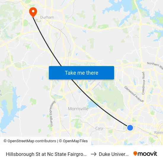 Hillsborough St at Nc State Fairgrounds to Duke University map
