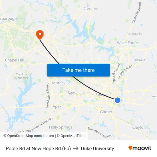 Poole Rd at New Hope Rd (Eb) to Duke University map