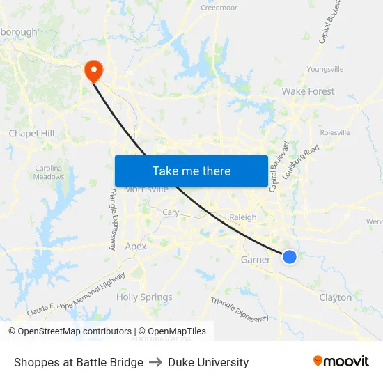 Shoppes at Battle Bridge to Duke University map