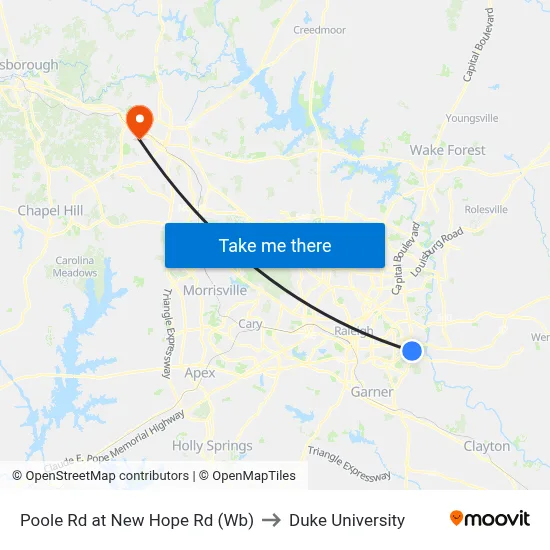 Poole Rd at New Hope Rd (Wb) to Duke University map