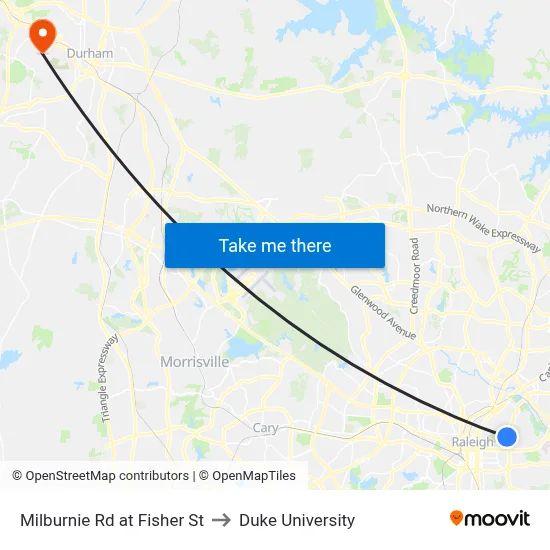 Milburnie Rd at Fisher St to Duke University map