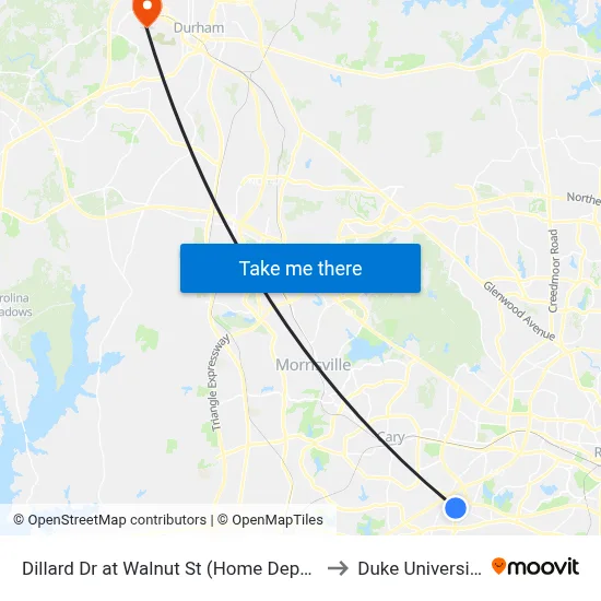 Dillard Dr at Walnut St (Home Depot) to Duke University map