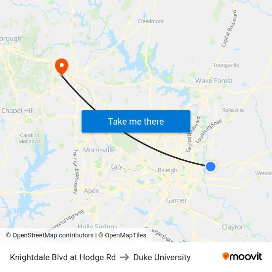 Knightdale Blvd at Hodge Rd to Duke University map