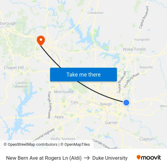 New Bern Ave at Rogers Ln (Aldi) to Duke University map