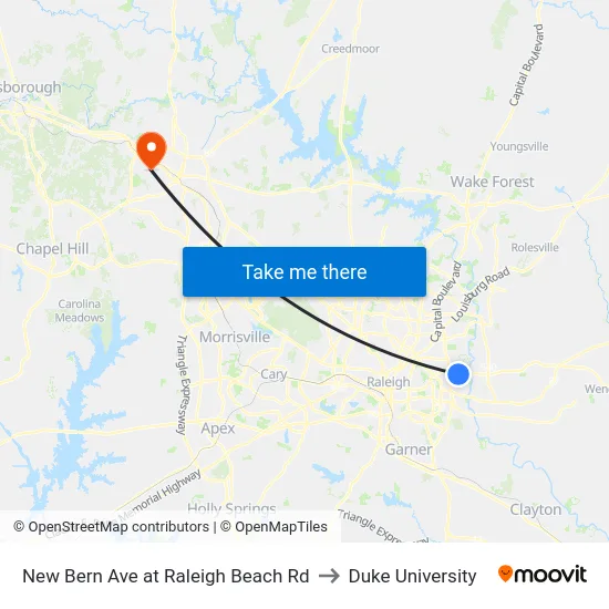 New Bern Ave at Raleigh Beach Rd to Duke University map