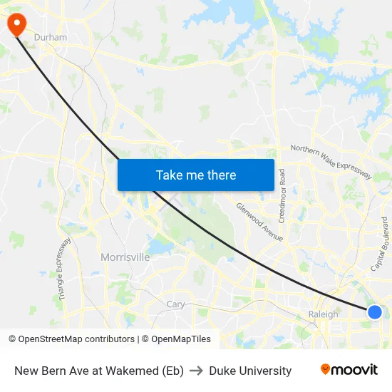 New Bern Ave at Wakemed (Eb) to Duke University map