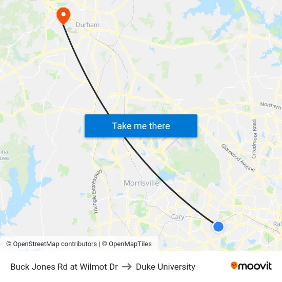 Buck Jones Rd at Wilmot Dr to Duke University map