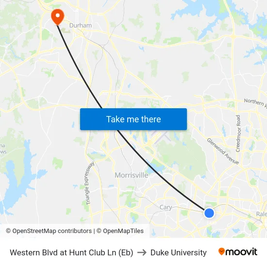 Western Blvd at Hunt Club Ln (Eb) to Duke University map