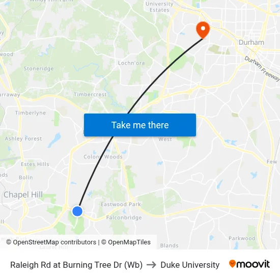 Raleigh Rd at Burning Tree Dr (Wb) to Duke University map