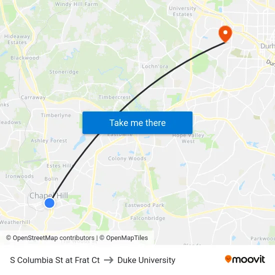 S Columbia St at Frat Ct to Duke University map