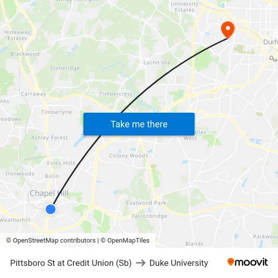Pittsboro St at Credit Union (Sb) to Duke University map