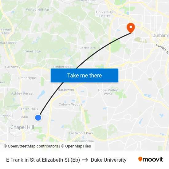 E Franklin St at Elizabeth St (Eb) to Duke University map
