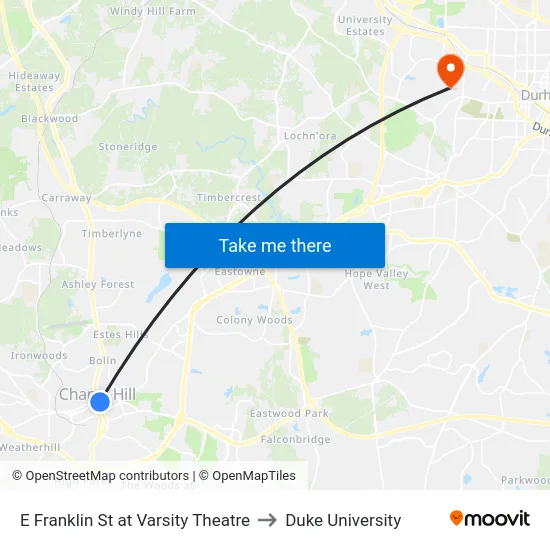E Franklin St at Varsity Theatre to Duke University map