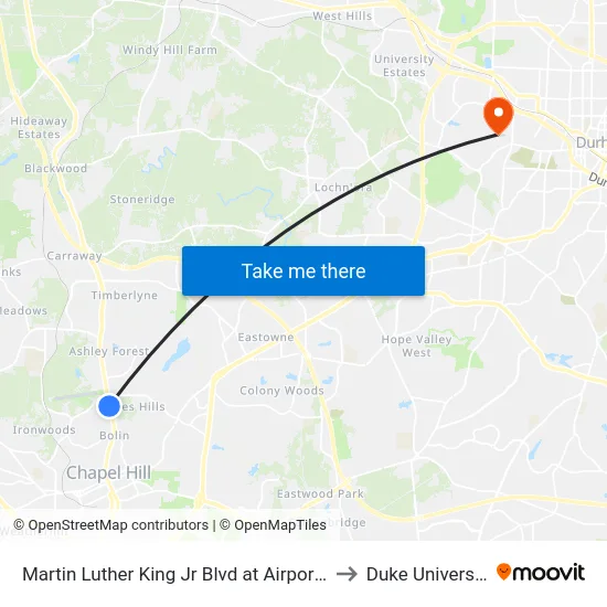 Martin Luther King Jr Blvd at Airport Dr to Duke University map