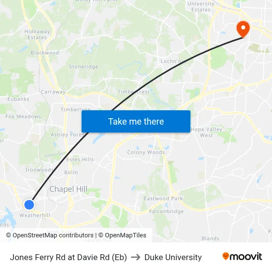 Jones Ferry Rd at Davie Rd (Eb) to Duke University map