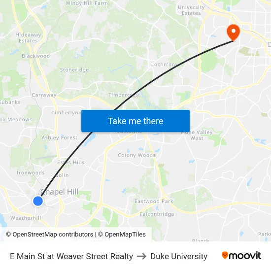 E Main St at Weaver Street Realty to Duke University map