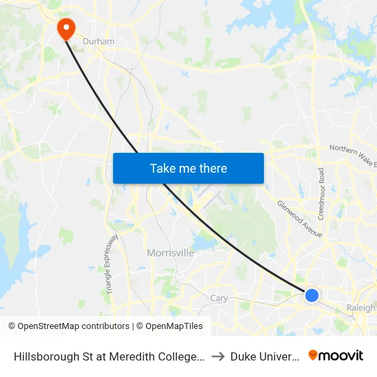 Hillsborough St at Meredith College (Wb) to Duke University map
