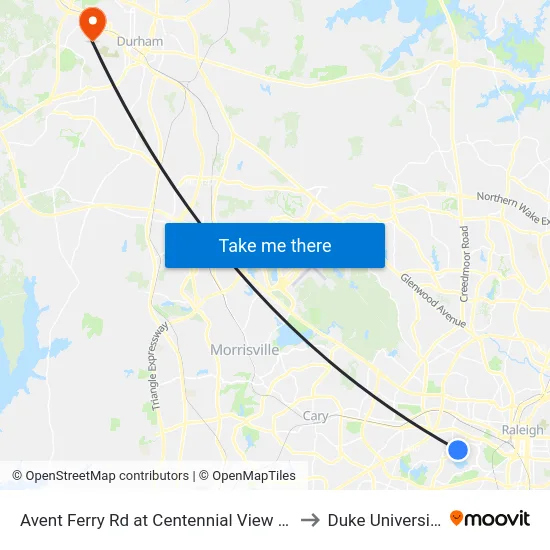 Avent Ferry Rd at Centennial View Ln to Duke University map