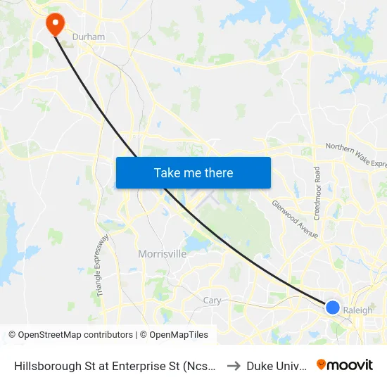 Hillsborough St at Enterprise St (Ncsu Bell Tower) to Duke University map