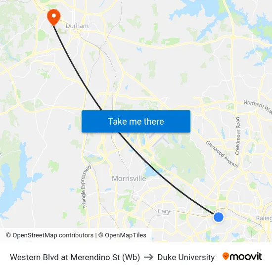 Western Blvd at Merendino St (Wb) to Duke University map
