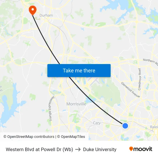 Western Blvd at Powell Dr (Wb) to Duke University map