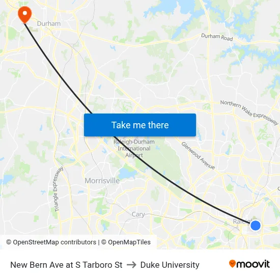 New Bern Ave at S Tarboro St to Duke University map