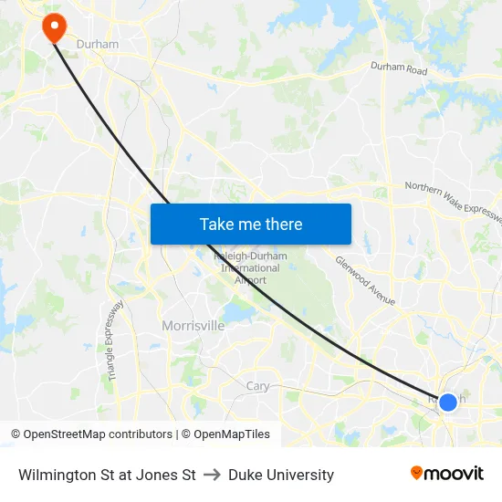 Wilmington St at Jones St to Duke University map