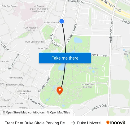 Trent Dr at Duke Circle Parking Deck to Duke University map