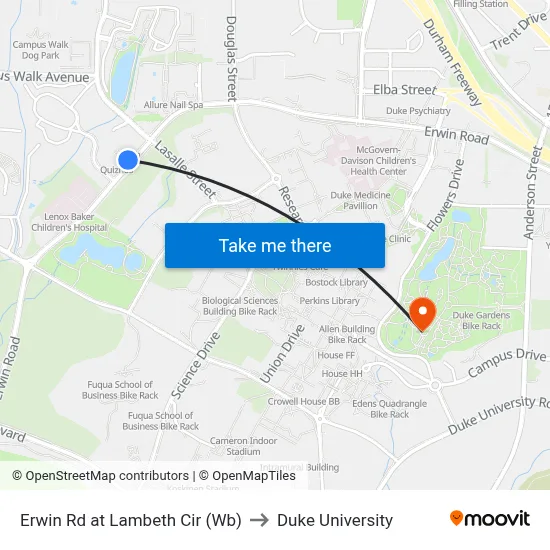 Erwin Rd at Lambeth Cir (Wb) to Duke University map