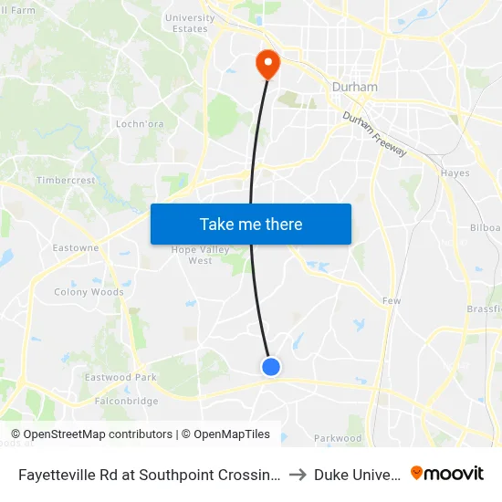 Fayetteville Rd at Southpoint Crossing Dr (Sb) to Duke University map