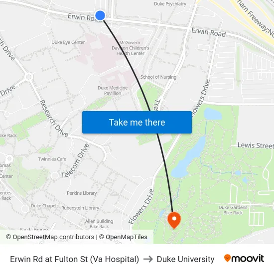 Erwin Rd at Fulton St (Va Hospital) to Duke University map