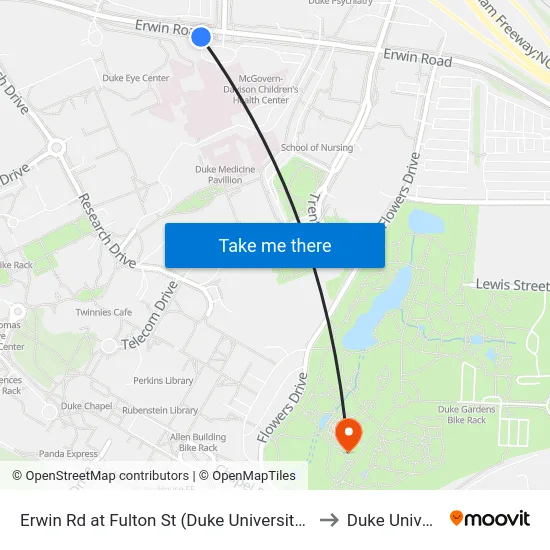 Erwin Rd at Fulton St (Duke University Hospital) to Duke University map