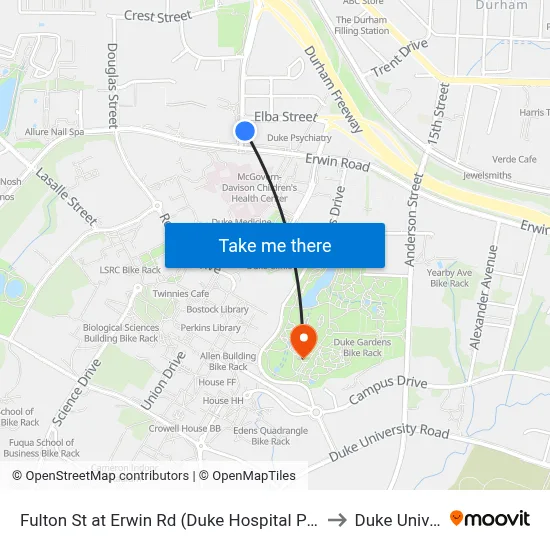 Fulton St at Erwin Rd (Duke Hospital Parking Garage) to Duke University map